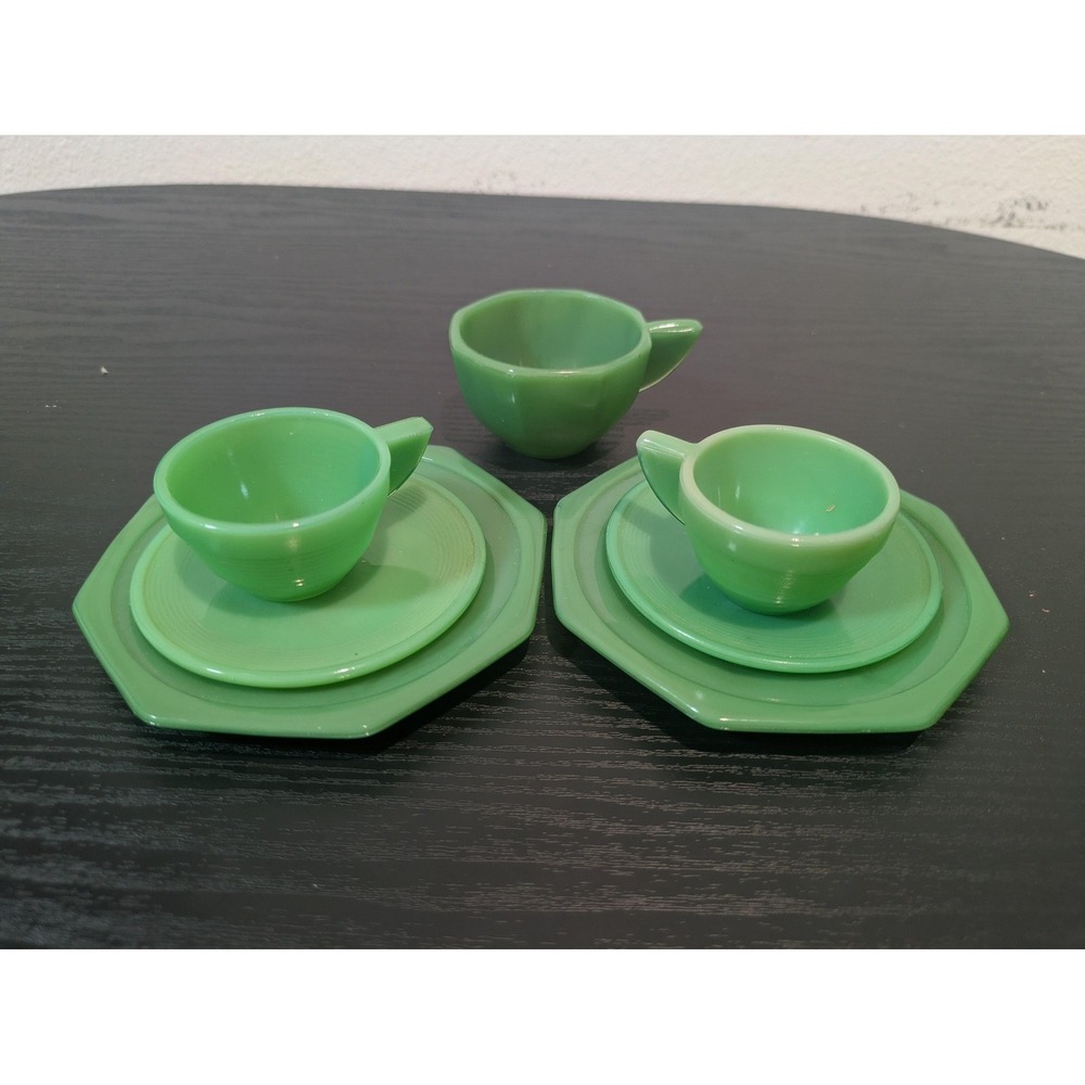 Vintage Green Toy Tea Set Cups Saucers Plates Childs Dishes Jadeite Glass Lot